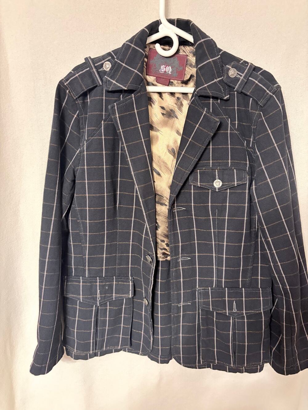 SQ Gothic Plaid Blazer Leopard Lining Steampunk Punk Utility Crown Button Jacket